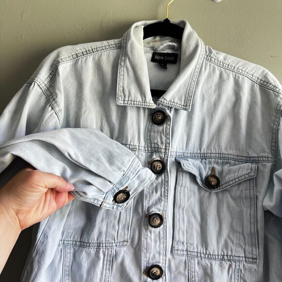 New Look Light Wash Blue Denim Jacket Distressed Button Down - XL - Picture 6 of 6